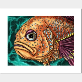 Grumpy fish cartoon painting Posters and Art